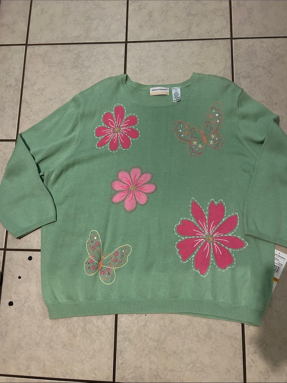 Alfred Dunner Mint Green Crewneck Sweater with Pink Floral & Butterfly Appliques